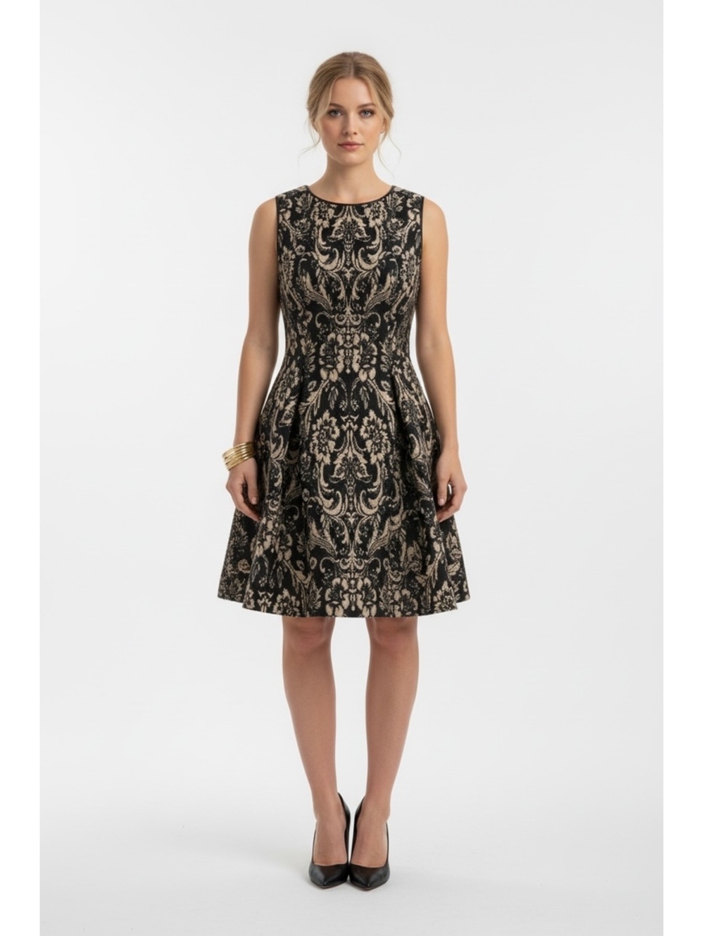NWT Vince Camuto Black Gold Metallic Jacquard Fit & Flare Cocktail Dress Size 8